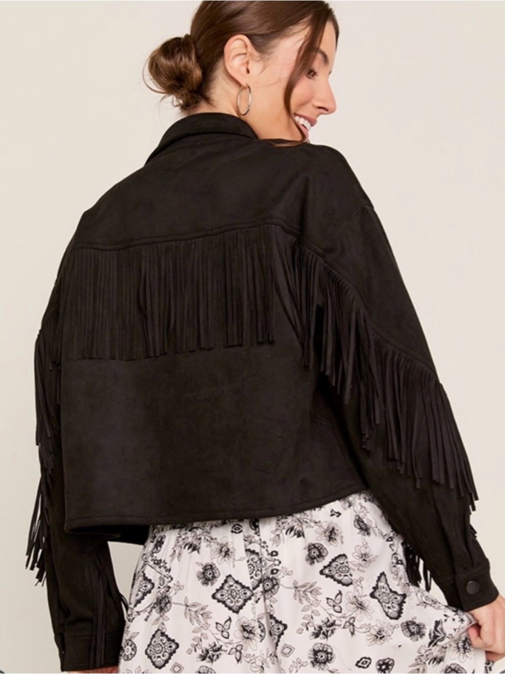 Francesca's Collections Black Faux Suede Fringe Jacket - Picture 2 of 6